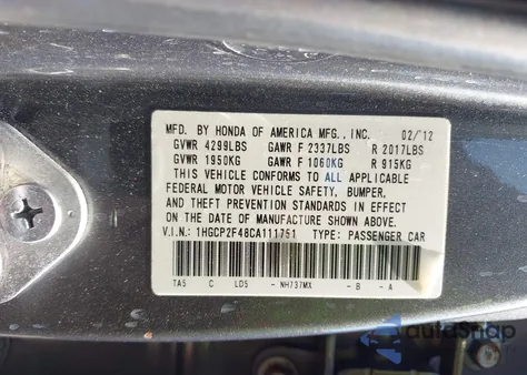 2012 Honda Accord 2.4 Lx-P from USA, damaged, VIN 1HGCP2F48CA111751